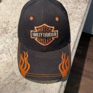 Harley Davidson Ball Hat Cap Black Orange Logo Flames Adjustable